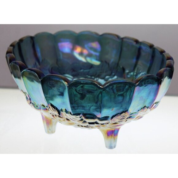 VTG Indiana Carnival Glass Blue Grapes Footed Harvest Fruit Bowl Iridescent - Picture 6 of 10